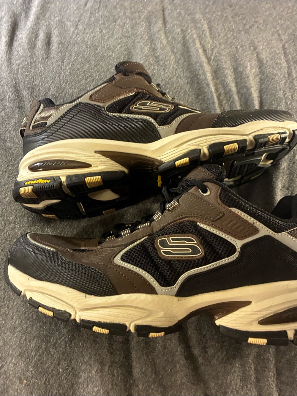 Skechers Men’s Black, Brown & Cream Athletic Sneakers with Yellow Accents
